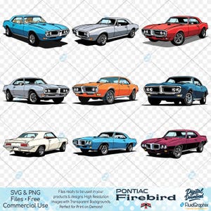 1967 - 1969 Pontiac Firebird Graphic SVG PNG Art, Pontiac car, Muscle Car, Trans Am, Retro T-shirt designs, Print on Demand, 10 designs