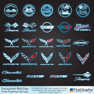 Corvette Neon PNG Clipart Bundle: Classic Car Emblems (25 Files, Transparent Backgrounds)