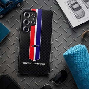 Camaro Galaxy Case, Red White Blue Stripe, Chevrolet Phone Cover, Durable Phone Case with 3D Wrap Design, Impact Protection for Chevy Cam