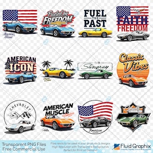 Chevy Corvette PNG Designs: 1970-1974 Vette Stingray, Retro Car Art (Digital Download, 12 Files)