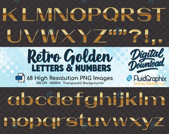 Retro Golden Alphabet PNG Letters & Numbers: 3D Gold Font Clipart, Uppercase, Lowercase, punctuation