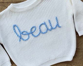 Personalized Boy and Girl, Baby and Toddler Hand Embroidered Name Sweater, Custom Baby Shower Gift , Baby Name Sweater, Toddler Name Sweater