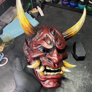 Hand-Painted 3D Printed Japanese Demon Oni Mask - Wearable and Display Piece