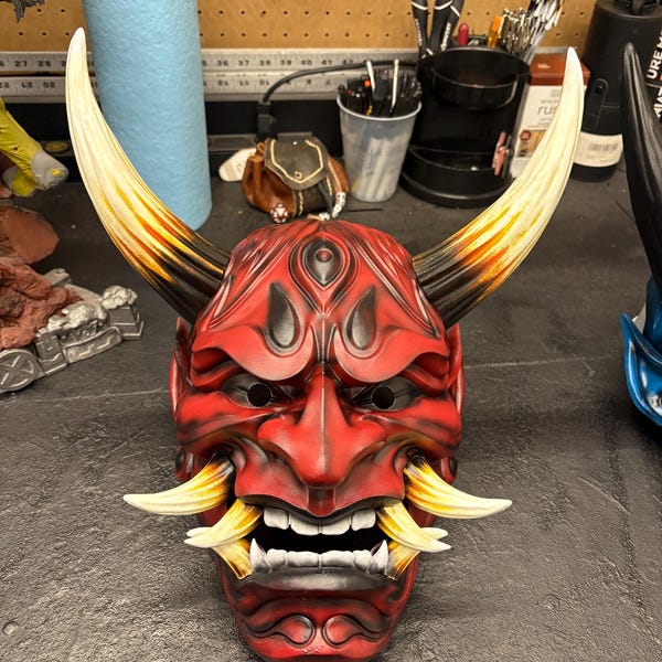 Hand-Painted Japanese Demon Oni Mask - Wearable and Display Piece