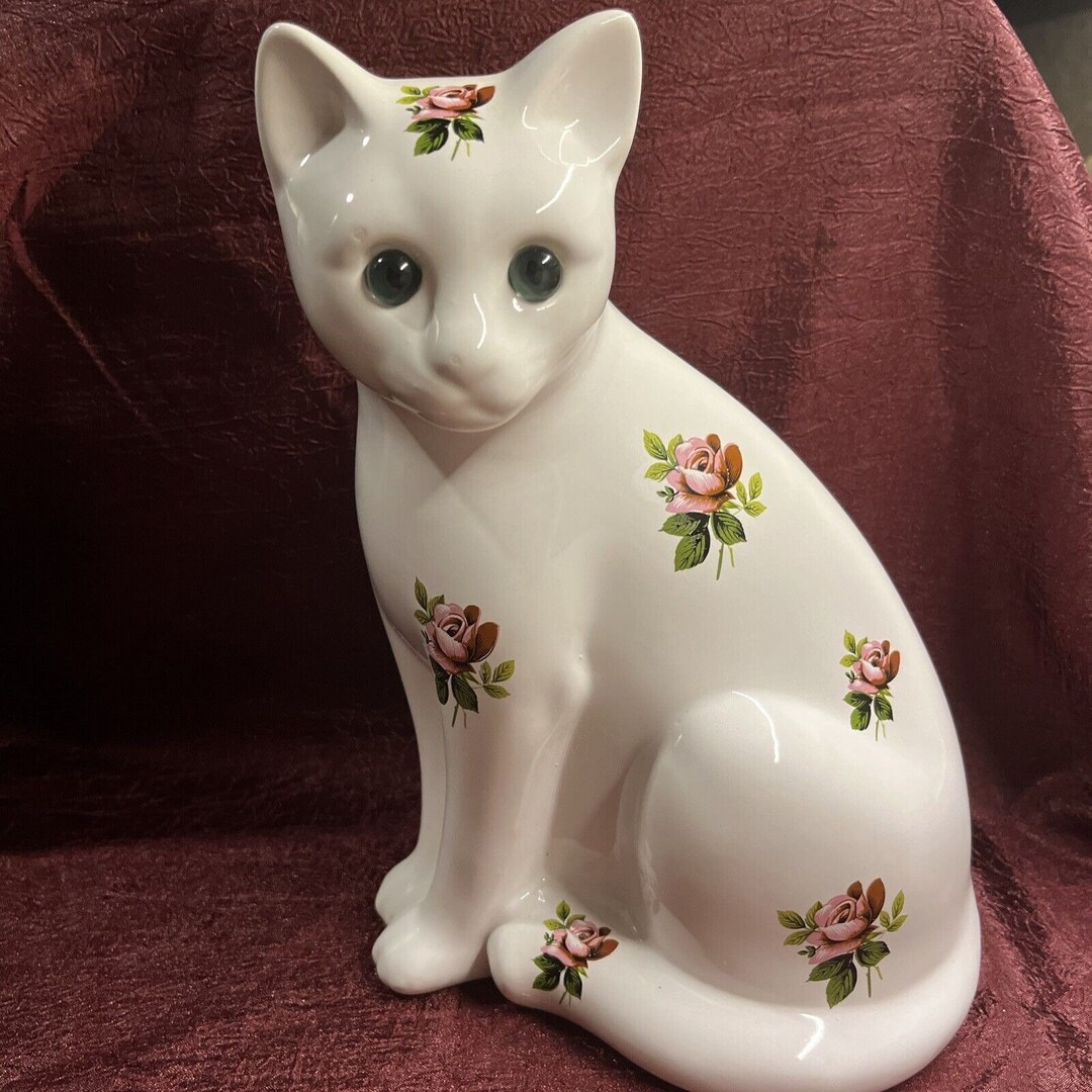 OLLIERV Tall Ceramic Cat With Roses and Green Eyes ELPA Etsy