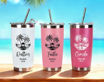 Personalized Stainless Steel 20oz Tumbler, Custom Beach Travel Mug, Engraved Girls Trip Tumblers, Family Reunion Cup