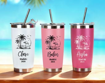 Personalized Stainless Steel 20oz Tumbler, Custom Beach Travel Mug, Engraved Girls Trip Tumblers, Family Reunion Cup