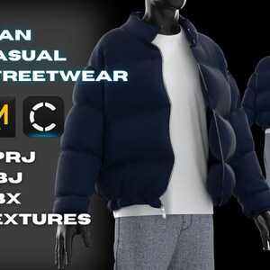 May include: A navy blue puffer jacket, white t-shirt, and grey trousers. The image includes the text "MAN CASUAL STREETWEAR". The jacket has a zip closure and a high collar. The outfit is displayed on mannequins.