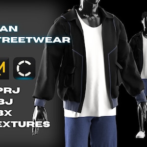 Op de afbeelding: Zwarte bomberjack met blauwe accenten, wit t-shirt en blauwe shorts op een mannequin. De afbeelding bevat de tekst "MAN STREETWEAR" en bestandsinfo.