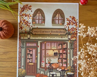 秋の書店アートプリント｜心地よい秋のイラスト、読書好きへのギフト