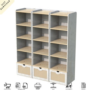 Könnte beinhalten: Ein dreiteiliges Bücherregal aus Holz mit mehreren Regalen und Schubladen. Die Regale sind aus hellem Holz und der Rahmen ist weiß mit einem Holzmaserungsmuster. Die Schubladen haben geflochtene Rattanzierblenden. Der Text "just download" befindet sich oben links.