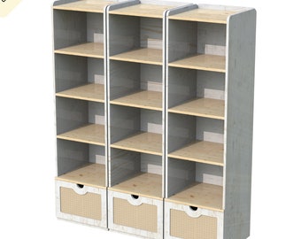 Triple Wooden Bookcase with Shelves, offers fixed shelves, wicker drawer, a top closed cabinet with flat door for Digital Cut Files