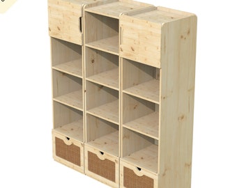 Wooden Bookcase with Shelves, offers fixed shelves, wicker drawer, a top closed cabinet with flat door - Digital Cut Files