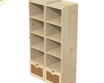 Wooden Bookcase Digital Cut Files: Wicker Drawer, Closed Cabinet (DXF & DWG)