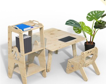 Set tavolo e sedia e libreria per bambini in legno (quadrato) design per 2 - 3 anni - file di taglio digitale