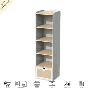 Single Wooden Bookcase with Shelves, offers fixed shelves, wicker drawer, a top closed cabinet with flat door - Digital Cut Files