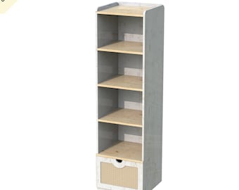 Librería de madera con estantes y cajón de mimbre: archivos de corte digital CNC