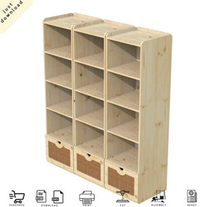 Wooden Bookcase with Shelves, offers fixed shelves, wicker drawer, a top closed cabinet with flat door - Digital Cut Files