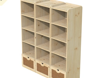 Wooden Bookcase Digital Cut Files: Wicker Drawer, Shelves (DXF & DWG)
