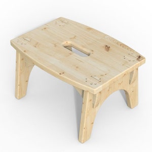 May include: A wooden stool with a cutout in the top and decorative details. The stool is made of light wood and has a natural finish.