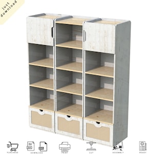 Dreifach-Bücherregal aus Holz mit Regalen, bietet feste Regale, Weidenschublade, einen oben geschlossenen Schrank mit flacher Tür für Digital Cut Files