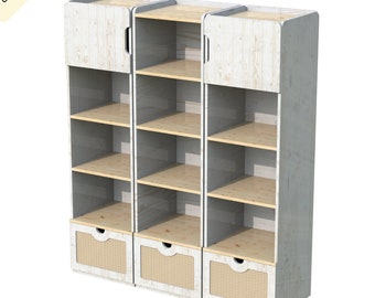 Triple Wooden Bookcase Digital Cut Files: Shelves, Wicker Drawer (DXF & DWG)