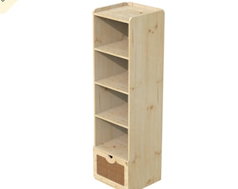 Wooden Bookcase with Shelves, offers fixed shelves, wicker drawer, a top closed cabinet with flat door for Digital Cut Files