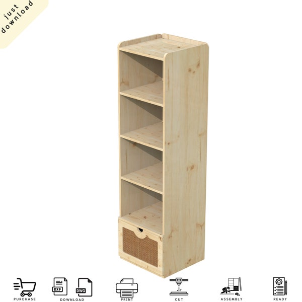 Wooden Bookcase with Shelves, offers fixed shelves, wicker drawer, a top closed cabinet with flat door - Digital Cut Files