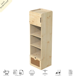 Wooden Bookcase with Shelves, offers fixed shelves, wicker drawer, a top closed cabinet with flat door - Digital Cut Files