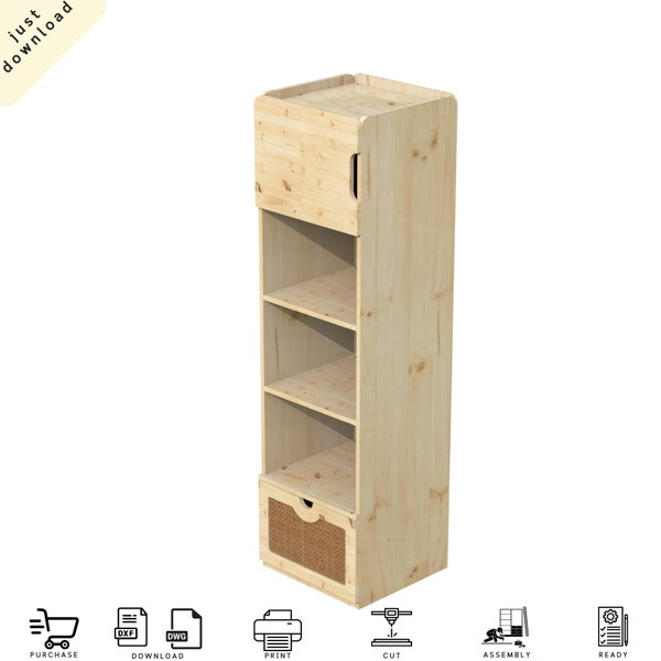 Wooden Bookcase with Shelves, offers fixed shelves, wicker drawer, a top closed cabinet with flat door - Digital Cut Files