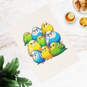 Colorful Budgie Cotton Tea Towel, Cute Kitchen Decor, Bird Lover Gift, Fun Home Accessory, Dining Room Gift, Bright Kitchen Towel