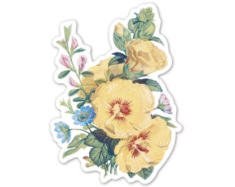 Hollyhock, Hepatica and Rest Harrow Vintage Flower Bouquet Sticker