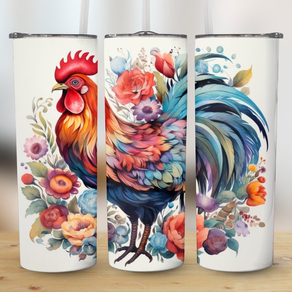 Whimsical Floral Rooster 20 oz Tumbler Design, Straight and Tapered Wrap, Art Print, High Resolution PNG, Instant Digital Download