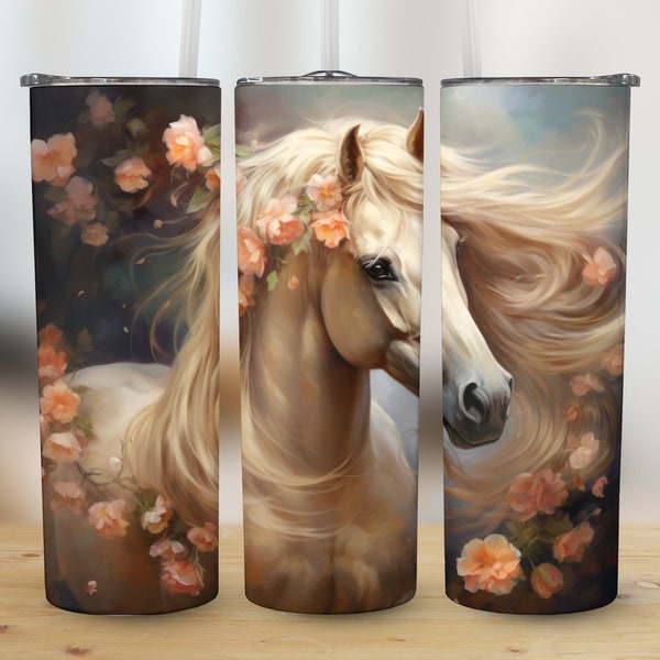 Whimsical White Floral Horse 20 oz Skinny Tumbler Sublimation Design, Straight and Tapered Wrap, PNG Files, Instant Digital Download