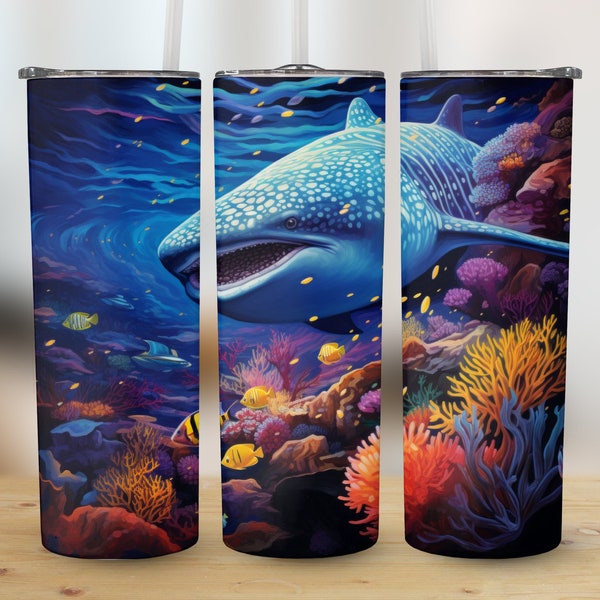 Whale Shark in Coral Reef 20 oz Tumbler Design, Straight and Tapered Wrap, Art Print, High Resolution PNG, Instant Digital Download
