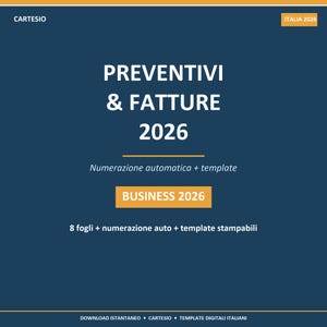 May include: A digital template with the text "PREVENTIVI & FATTURE 2026" in white on a dark blue background. Additional text includes "Numerazione automatica + template" and "BUSINESS 2026". The template is for business use.