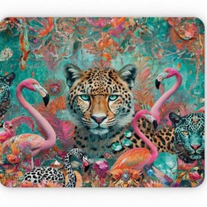 May include: A vibrant digital art print featuring a leopard with blue eyes surrounded by pink flamingos and a turquoise background. The print is adorned with colourful feathers and jewels.