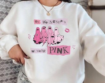 On Wednesday We Wear Pink Sweatshirt,Cute Pink Ghost Hoodie,On Wednesday We Wear Pink Spooky Hoodie,Mean Girls Halloween Tee