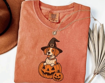 Comfort Colors® Halloween Brittany Spaniel-skjorta, retro höstsköna häxhundar i pumpor-skjorta, hundälskare Halloween-skjorta, mysig skjorta