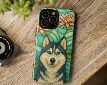 Siberian Husky Phone Case, Stained Glass Style, Floral Design, Cute Pet Gift, Dog Lover Phone Cover, iPhone Case, Samsung, Pixel, Chukcha