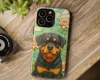 Rottweiler Phone Case, Stained Glass Style, Floral Design, Cute Pet Gift, Dog Lover Phone Cover, iPhone Case, Samsung, Pixel, custom Rottie