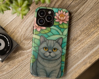 British Shorthair Phone Case, Stained Glass Style, Floral Design, Cute Pet Gift, Cat Lover Phone Cover, iPhone Case, Samsung, Pixel, custom