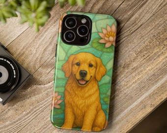 Golden Retriever Phone Case, Stained Glass Style, Floral Design, Cute Pet Gift, Dog Lover Phone Cover, iPhone Case, Samsung, Pixel, Yellow
