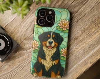 Bernese Mountain Phone Case, Stained Glass Style, Floral Design, Cute Pet Gift, Dog Lover Phone Cover, iPhone Case, Samsung, Pixel, Berner