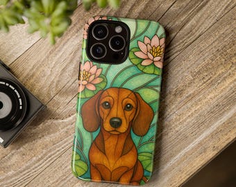 Dachshund Phone Case, Stained Glass Style, Floral Design, Cute Pet Gift, Dog Lover Phone Cover, iPhone Case, Samsung, Pixel, Sausage dog