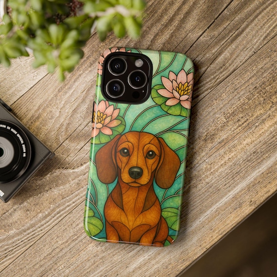 Dachshund Phone Case, Stained Glass Style, Floral Design, Cute Pet