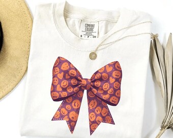 Halloween Bow in Pumpkins Comfort Colors Shirt, Cute Halloween Gift, Spooky Season Shirt, Girl Halloween, Halloween Coquette Shirt