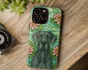 Great Dane Phone Case, Stained Glass Style, Floral Design, Cute Pet Gift, Dog Lover Phone Cover, iPhone Case, Samsung, Pixel, German Mastiff