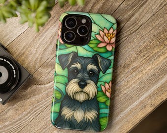 Miniature Schnauzer Phone Case, Stained Glass Style, Floral Design, Cute Pet Gift, Dog Lover Phone Cover, iPhone Case, Samsung, Pixel, Mini