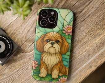 Shih Tzu Phone Case, Stained Glass Style, Floral Design, Cute Pet Gift, Dog Lover Phone Cover, iPhone Case, Samsung, Pixel, Xi Shi Dog